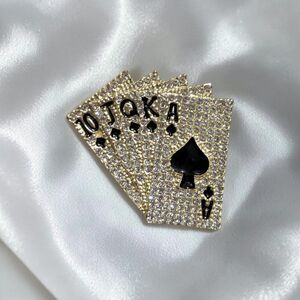 Rhinestone Playing Cards Pendant, Gold Tone Poker Royal Flush Charm
